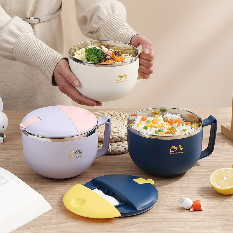 304 de acero inoxidable estilo japonés drenando tazón de fideos instantáneos dormitorio de estudiantes taza de fideos instantáneos lonchera de gran capacidad con tapa lonchera