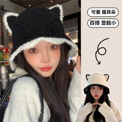 秋冬新款帽子女可爱渔夫帽仿羊羔绒波浪边时尚盆帽韩版百搭水桶帽