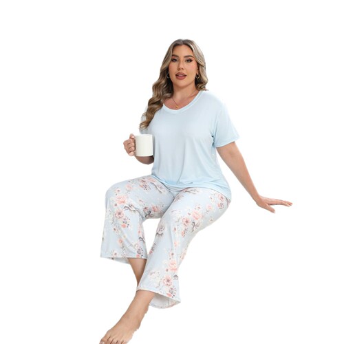 TEMU's popular short-sleeved capris pants, large and fat women's pajamas set, casual and simple