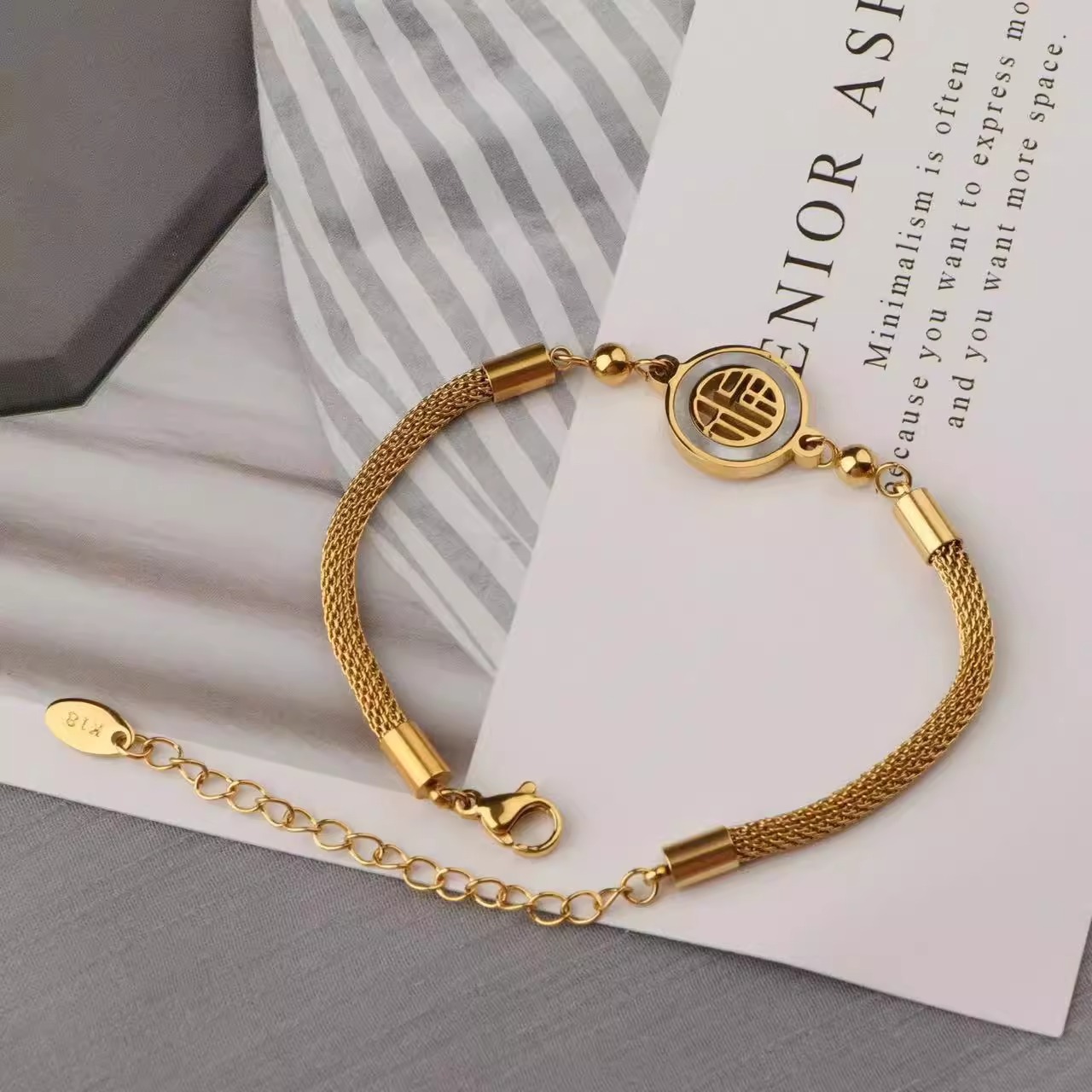 Long Women's Bracelet Fu Brand Blessing Word Good Luck Titanium Steel Ins No Fade Chinese Style Retro Large Size Fat Girl Bracelet