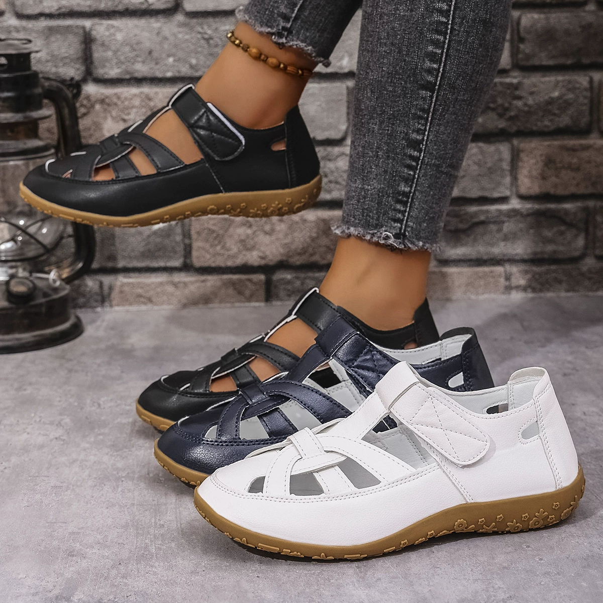 Новый стиль внешней торговли, кожаные сандалии на толстой подошве на липучке для женщин, дышащая повседневная обувь большого размера с круглым носком, желание