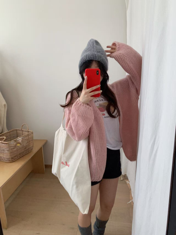 韩系马海毛针织开衫女士秋季新款时尚休闲休闲粗线简约风毛衣外套|undefined