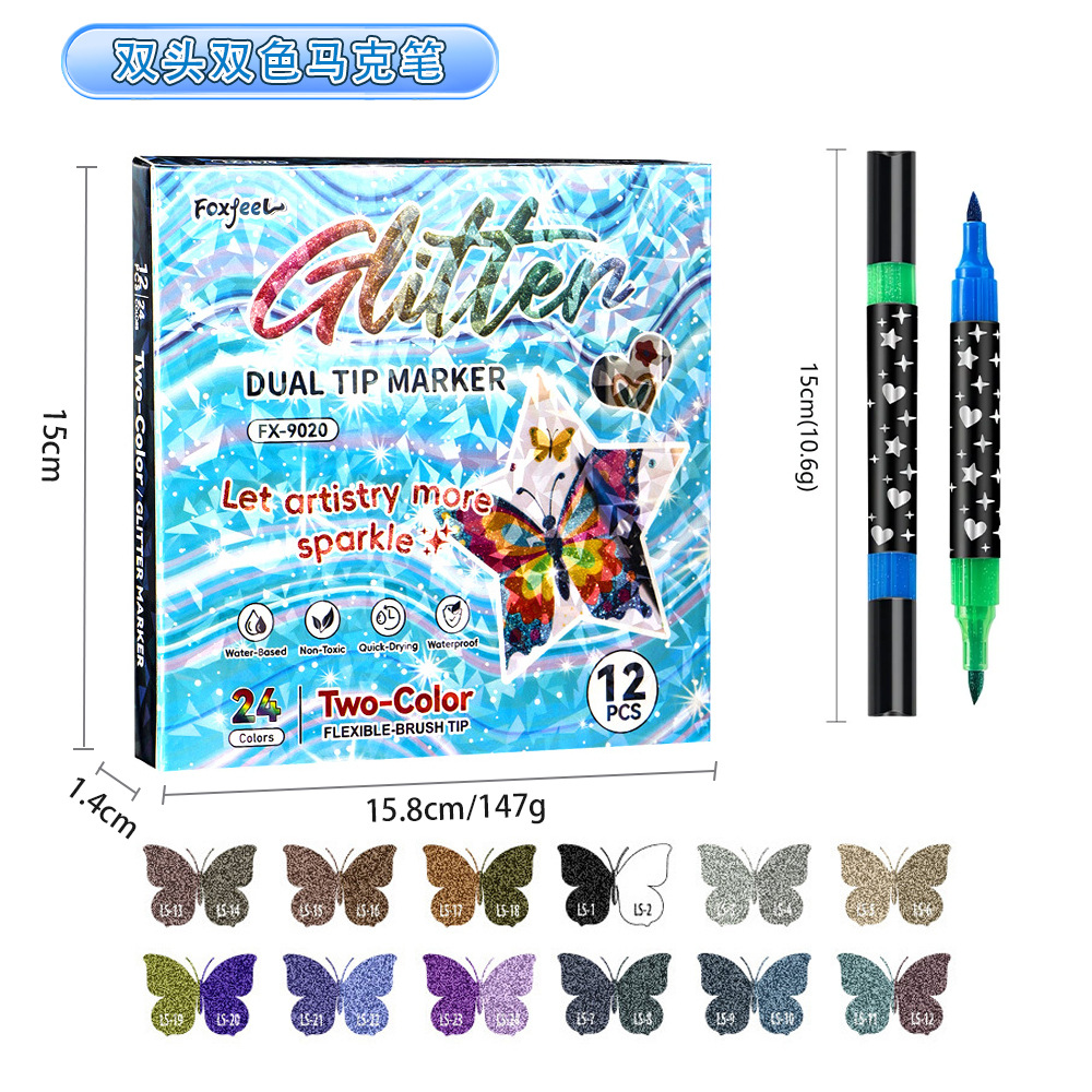 Ventas transfronterizas calientes de doble cabeza de doble color flash marcador de bolígrafo de bolígrafo blando para estudiantes de pintura graffiti bolígrafo DIY