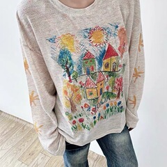 【广州原版面料彩点】色手绘涂鸦防晒罩衫女网纱宽松长袖T恤花色