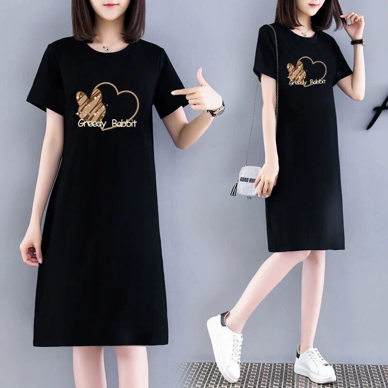Mid-Length Black Printed T-Shirt Dress for Women, 2026 New Summer Sports Style Printed Loose Short-Sleeved Dress