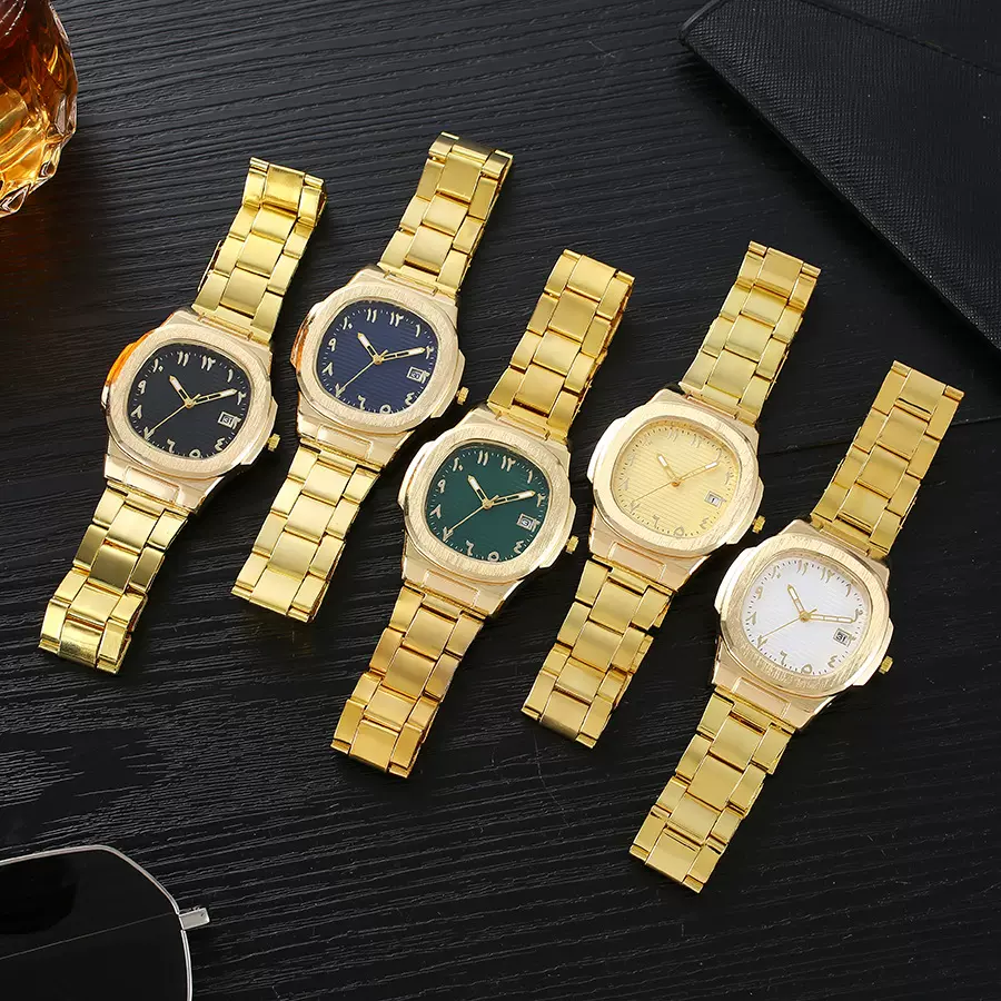 跨境爆款金色高端商务男士百搭轻奢时尚日历钢带腕表手表厂家直销