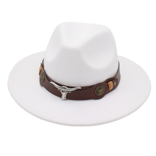Foreign Trade Bullhead Top Hat Belt Buckle Jazz Hat for Men & Women Felt Hat Leather Riding Hat Western Wool Hat Ethnic Style
