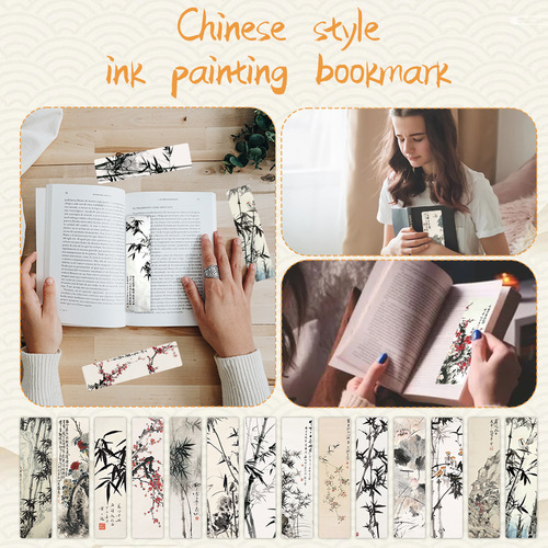 Original 100 Designs of Chinese Ink Wash Painting Bookmarks, 24 Pieces, Student Reading Annotation, High-Quality Cultural and Creative Paper Gift