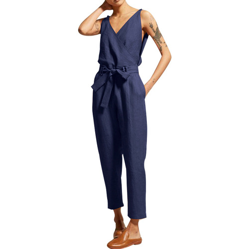 Women's Casual V-Neck Belted Combo: Extra Large Women's Pants with Elegant Workwear One-Piece Suit