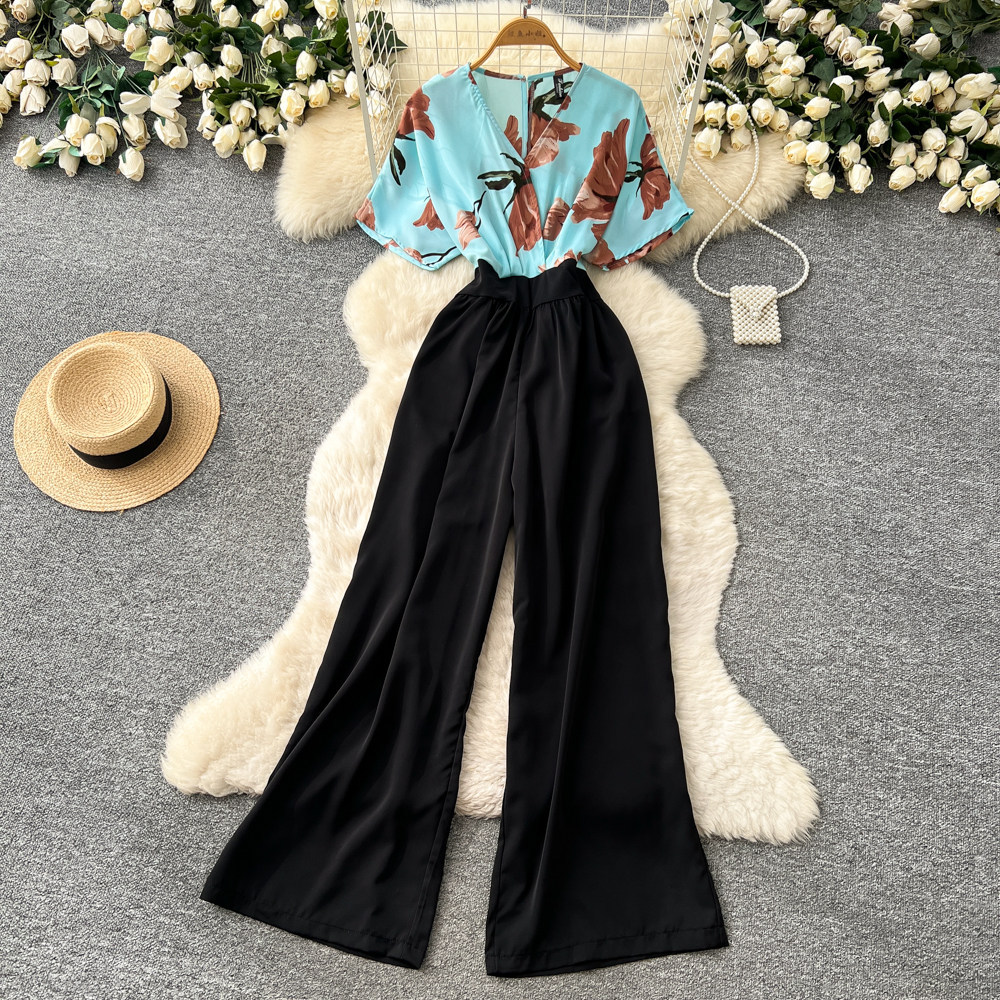 Korean Style Women's V Neck Jumpsuit High Waisted Wide Leg Pants Slimming Print Workwear Summer Elegant Long Romper_ecoleips.com