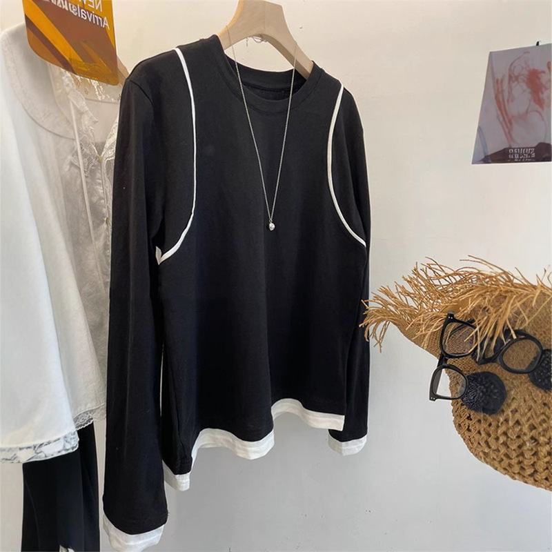 Korean Fashion Shoulder Contrast Color Line Design Sense All-match T-shirt Women's Base Shirt Autumn Loose Slim Top