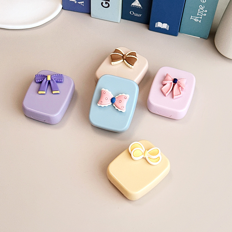 Candy color contact lens box bowknot invisible couple box wholesale beautiful portable care box