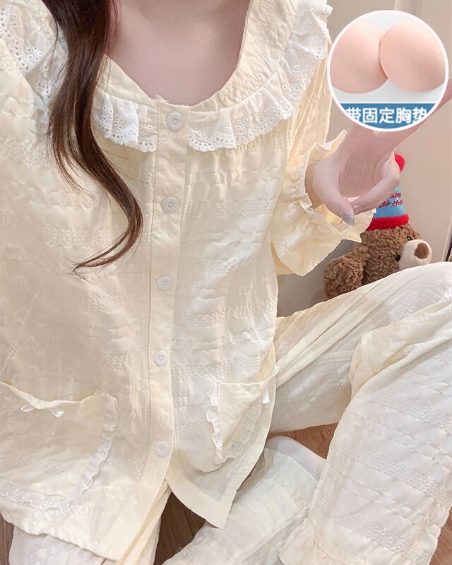 2112Z # Spring and Autumn Women's Pajamas, Woven Cloud Cotton with Chest Pads, Cardigan Princess Style Long Sleeve Homewear Set 2112Z # Spring and Autumn Women's Pajamas, Woven Cloud Cotton with Chest Pads, Cardigan Princess Style Long Sleeve Homewear Set