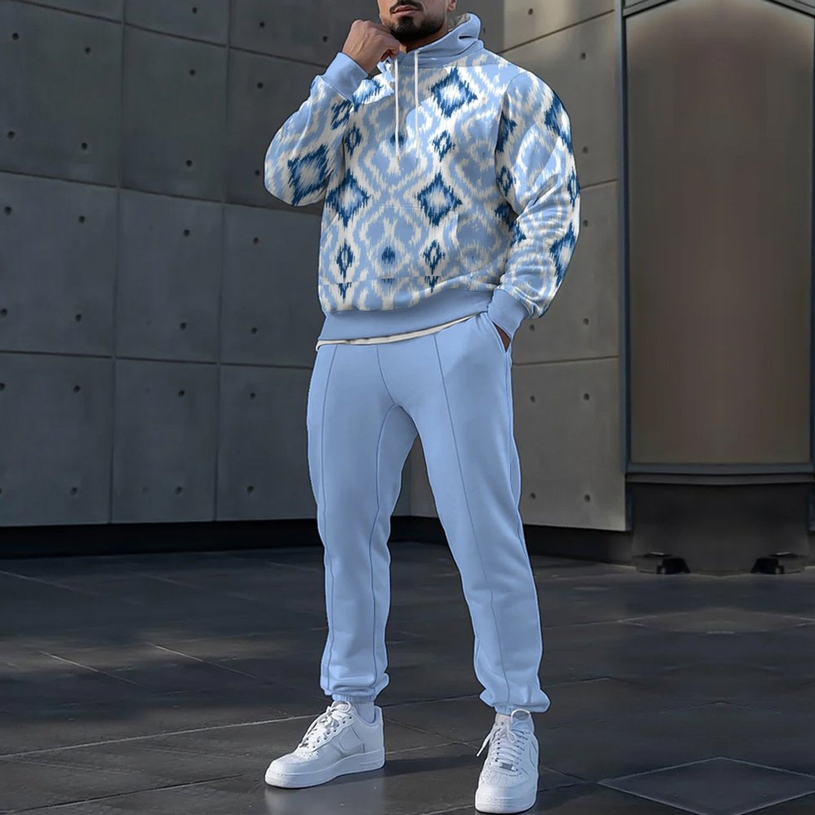 Otoño nuevo estilo de los hombres colorido color de contraste estilo de diseño estilo popular cordón suéter con capucha pantalones MC11-ML1