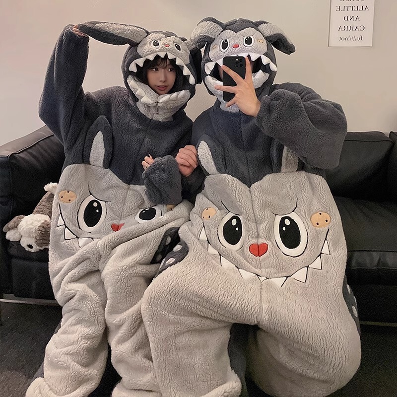 2025新款珊瑚绒睡衣带帽加厚秋冬季法兰绒卡通可爱情侣家居服外穿|undefined