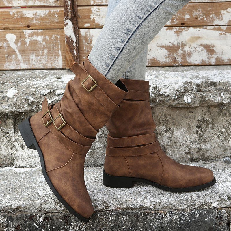 Bottines vintage avec boucle de ceinture pour femmes grandes tailles_voghion.com