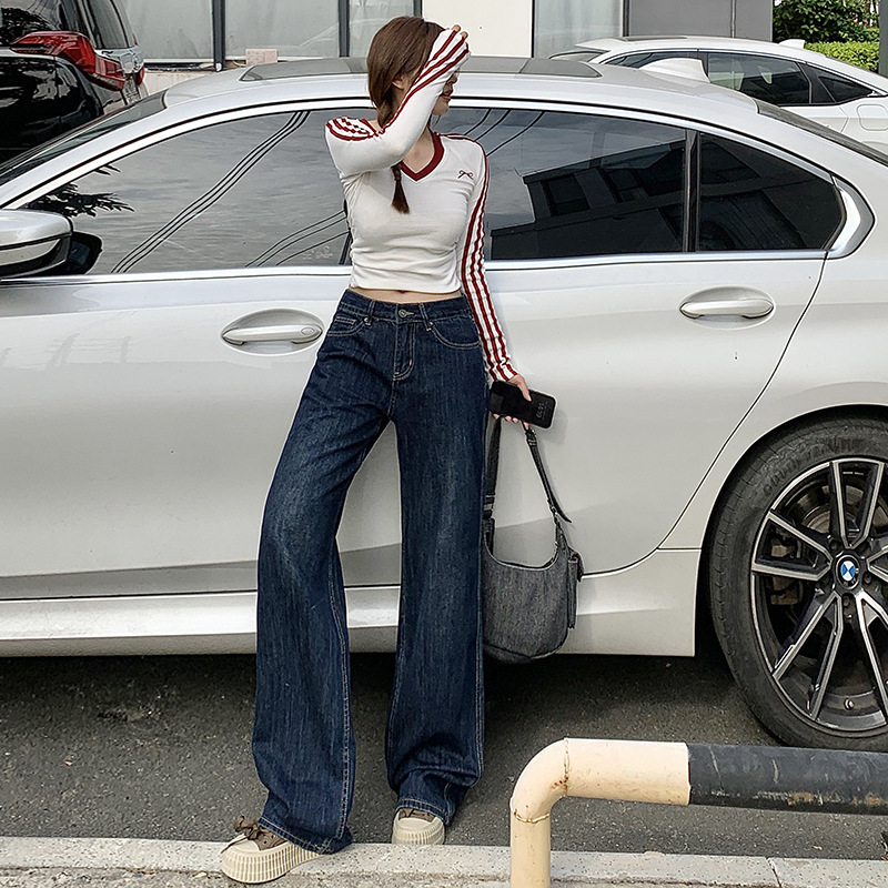 Vintage dark blue Micro La Jeans Women's Spring and Autumn 2025 New Low Waist Loose Slim Flared Pants without Legs