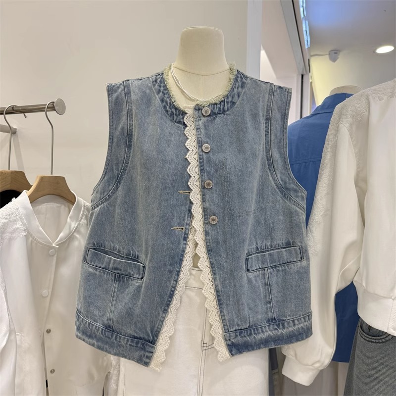 Spring fashionable lace retro denim jacket sleevless