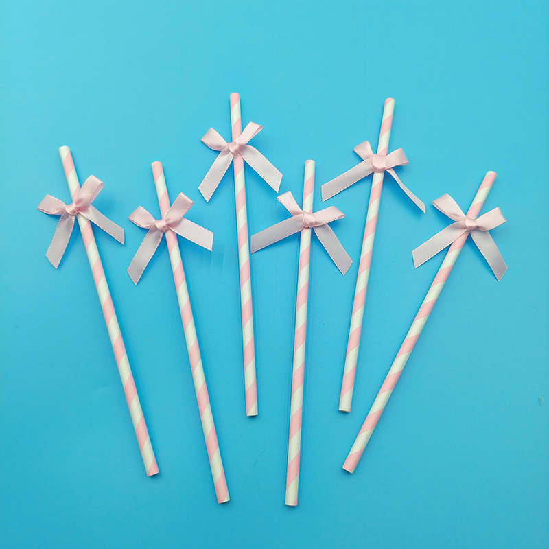 Fiesta transfronteriza de papel straw ribbon string bow desechable postre decoración de cóctel straw horneado inserto