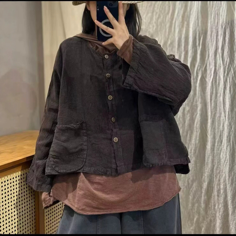 Linen shirt with double pockets, women's 2026 autumn new loose-fit casual long-sleeve cropped top 7512 Linen shirt with double pockets, women's 2026 autumn new loose-fit casual long-sleeve cropped top 7512