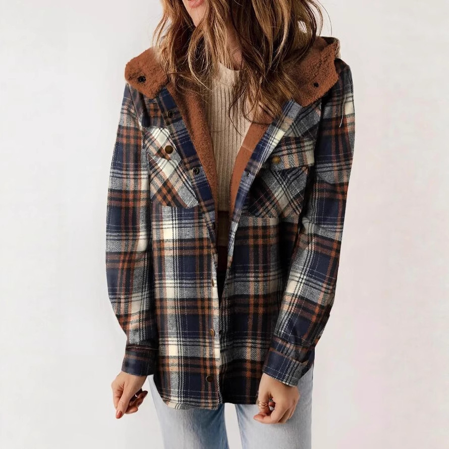 2025 European and American Amazon Autumn and Winter Women's Plaid Casual Versatile Jacket Long-Sleeved Fur Hooded Jacket with Pockets