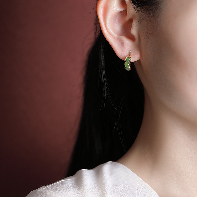 Bông tai nữ bạc S925 mạ vàng đính đá jasper hạt đậu phong cách trẻ trung — Kiểu mạ bạch kim