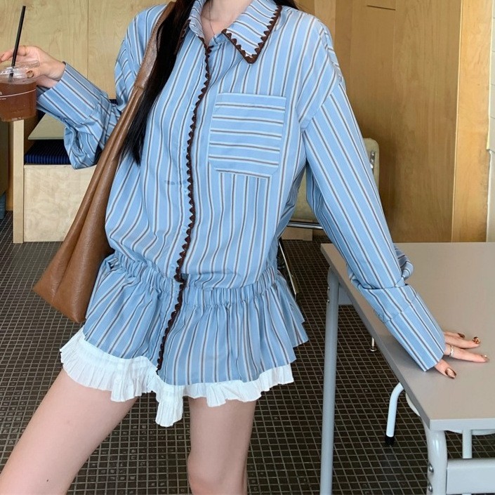 设计感撞色条纹长袖衬衫女装2025新款秋季小众休闲宽松POLO领上衣|undefined