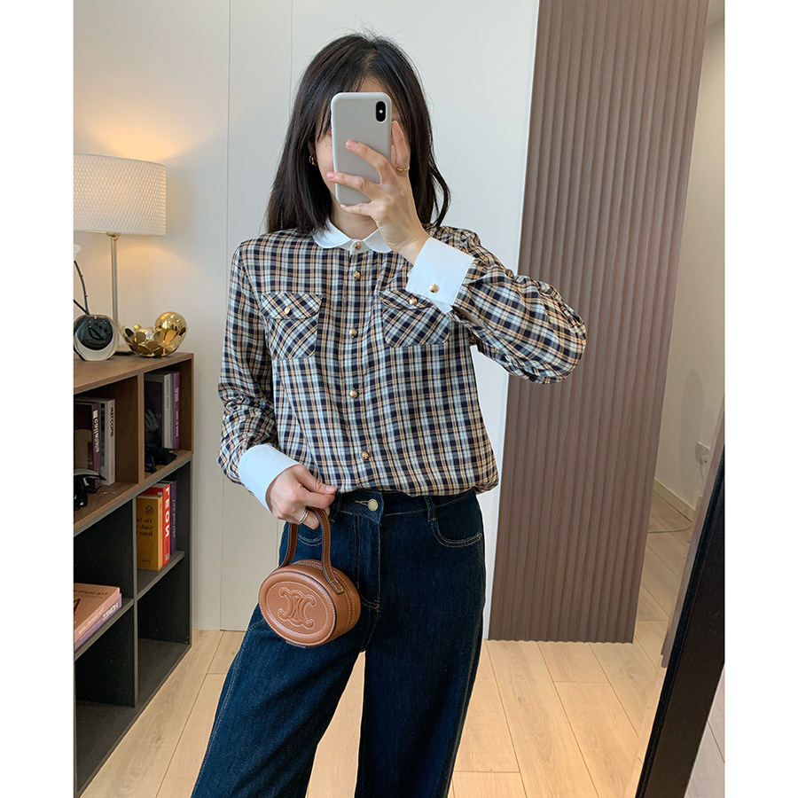 M1U Department College Style Silk Cotton Age-reducing Contrast Color Small Lapel Buckle Retro Plaid Long Sleeve Shirt 25 Spring
