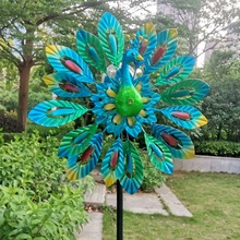 DIY组装亚马逊跨境玻璃球太阳能灯6色装饰铁艺双面旋转孔雀风车