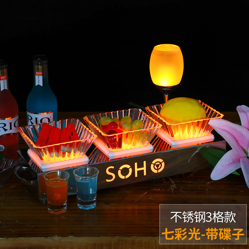 Zuochang bar KTV plato de fruta luminosa merienda plato creativo merienda plato de fruta de acero inoxidable LED recargable