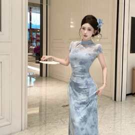 凌西茜水韵蓝笺新中式植绒旗袍女春夏罩衫吊带明媚漂亮连衣裙