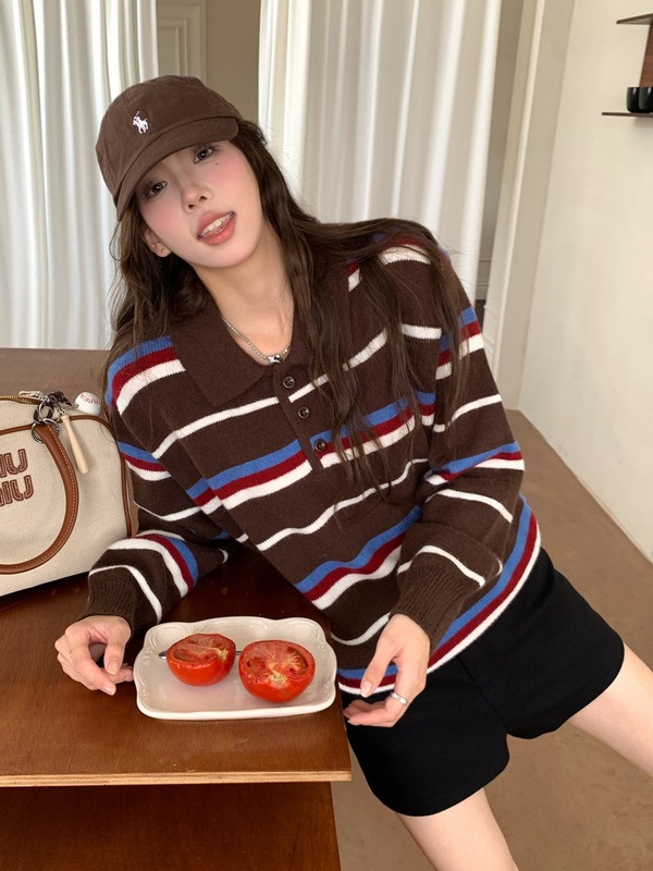 POLO衫复古撞色翻领条纹套头针织衫女春秋季宽松显瘦百搭减龄毛衣|undefined