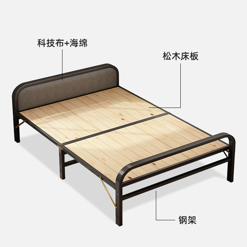 Cama plegable de madera maciza tablero de la cama sala de alquiler hogar adulto simple almuerzo cama individual cama de hierro reforzado 1,2 m cama pequeña