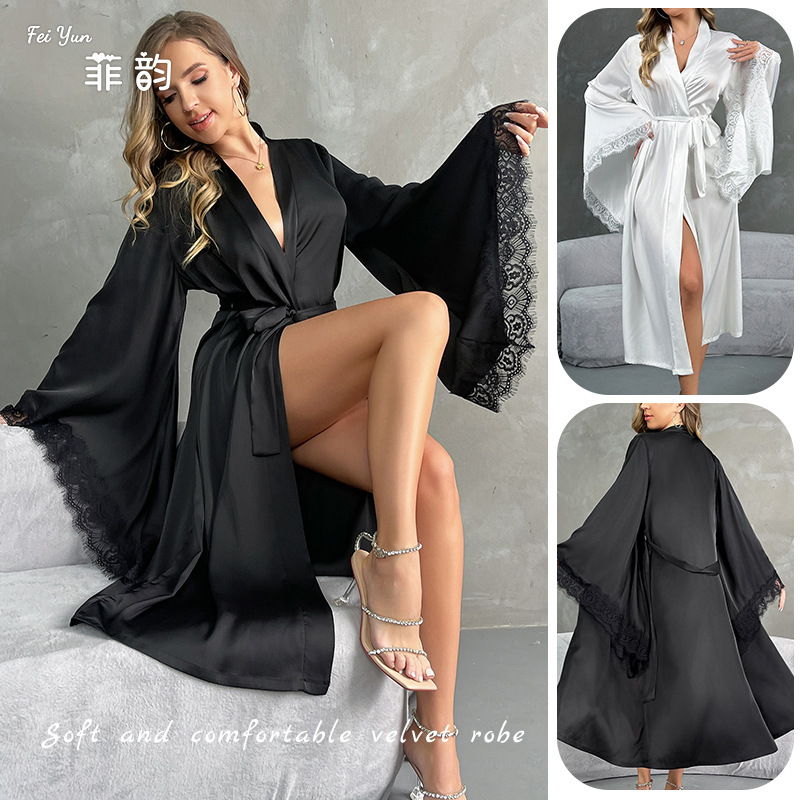 European and American Cross-Border Lace Bell-Sleeve Luxurious Satin Nightgown for Women, Long V-Neck Tie-Up Split Hem Home Bathrobe 706 European and American Cross-Border Lace Bell-Sleeve Luxurious Satin Nightgown for Women, Long V-Neck Tie-Up Split Hem Home Bathrobe 706