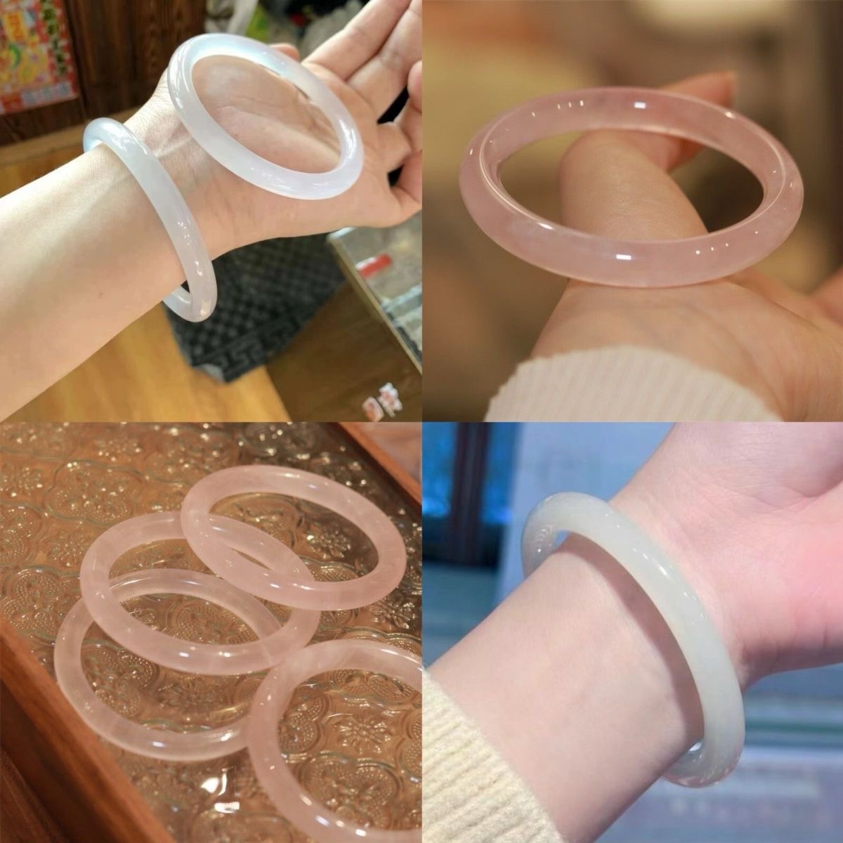 蜜桃粉｜天然玉髓手镯少女款玛瑙镯子淡粉色芙蓉玉郁金香玉镯饰品