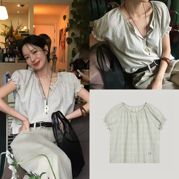 Fan Shun·XH Korean Style Lee Na-yeon Kim Ji-yeon Same Style Plaid Shirt Dongdaemun Summer New Bubble Sleeve Top Fan Shun·XH Korean Style Lee Na-yeon Kim Ji-yeon Same Style Plaid Shirt Dongdaemun Summer New Bubble Sleeve Top