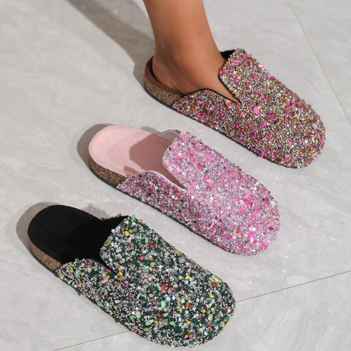 Baotou Pointed Toe Slipper with Glitter for Women, Half-House Slipper, Adult Soft Cork Shoes, Comfortable Leisure, Non-Slip, European and American Style