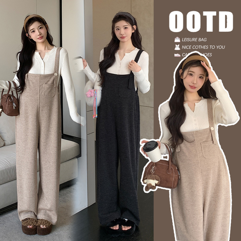 Maternity Wear Autumn and Winter New Style Simple and High-End Ear-Hemmed Overalls Two-Piece Set for Pregnant Mothers to Wear