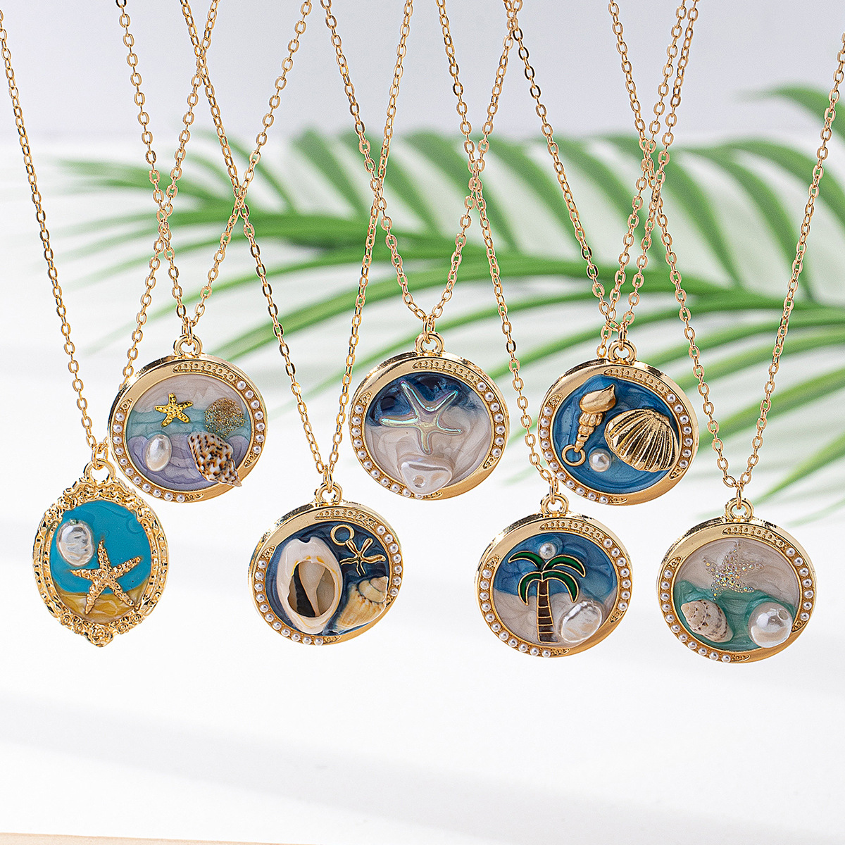 10g Weight Elegant Beach Coconut Tree Starfish Shell Alloy Cable Chain Lobster Trigger Clasp Closure Pendant Necklaces Wholesale