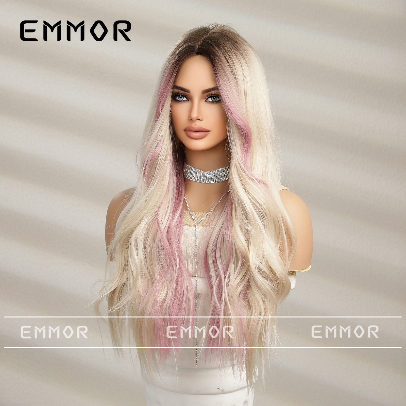 Transfronterizo europeo y americano nueva Peluca de las mujeres gradiente Medio Natural teñido de oro rosa largo pelo rizado completo superior peluca cabeza cubierta