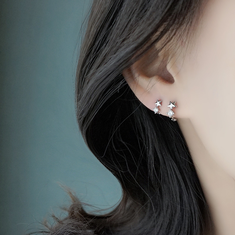 S Pure Silver Mini Zircon Pentagram Nails, Star Water Diamond Earrings, Women's Compact Earbone Rings, Elegant Earrings_voghion.com