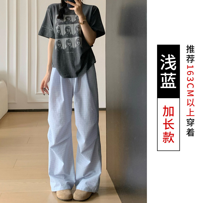 女性用レトロプリーツチェック柄パンツ、夏用薄手、ゆったりとしたカジュアルなフロアレングスパンツ、ゆったりとしたストレートレッグワイドレッグパンツ|undefined