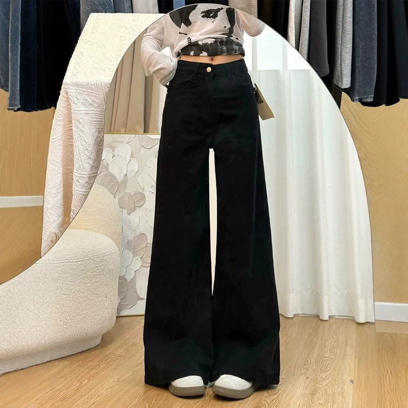 2026 American-style black straight-leg pants for women, new spring/autumn collection, trendy casual denim trousers