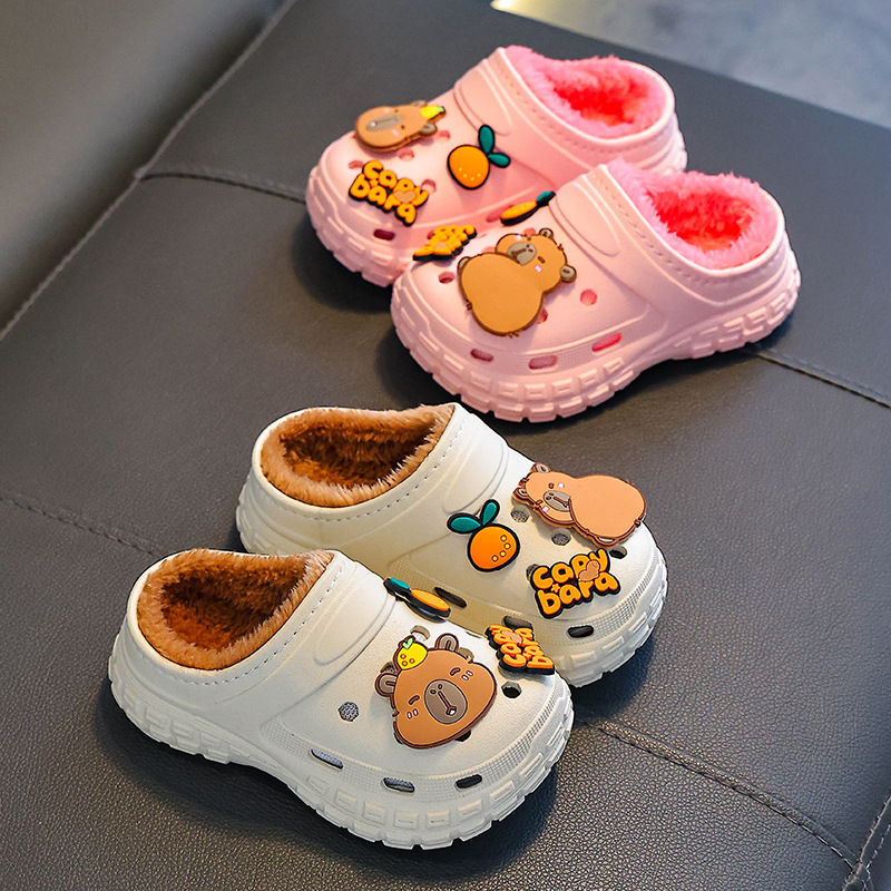 Zapatillas de algodón de invierno para niños Capibara, zapatillas de algodón para niños y niñas, cálidas y impermeables, bolsas para niños pequeños y grandes.