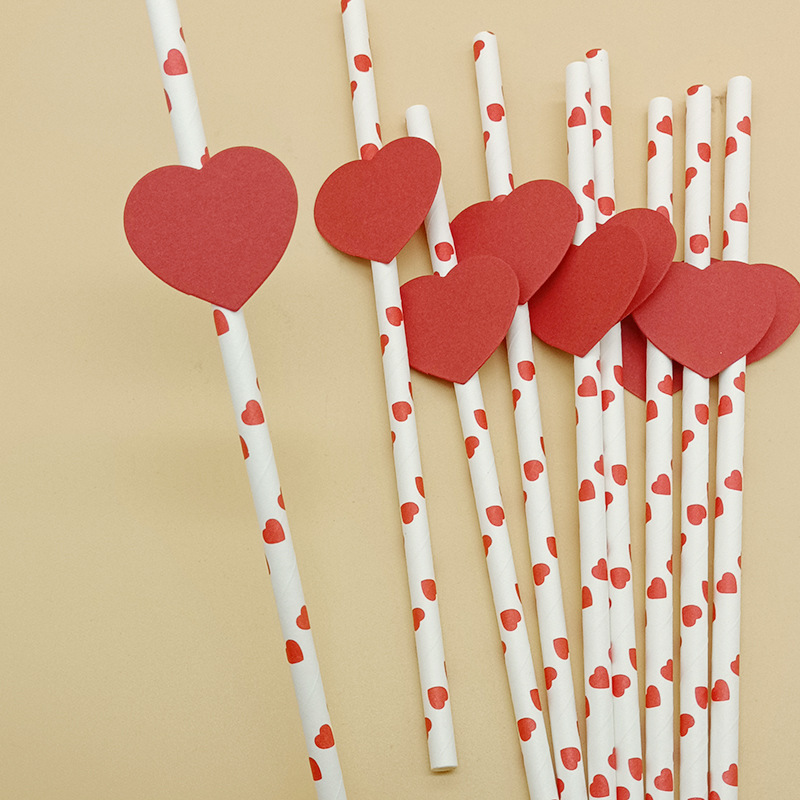 Paja de papel desechable creativo Día de San Valentín amor en forma de corazón paja para hornear pastel decorativo plug-in té con leche