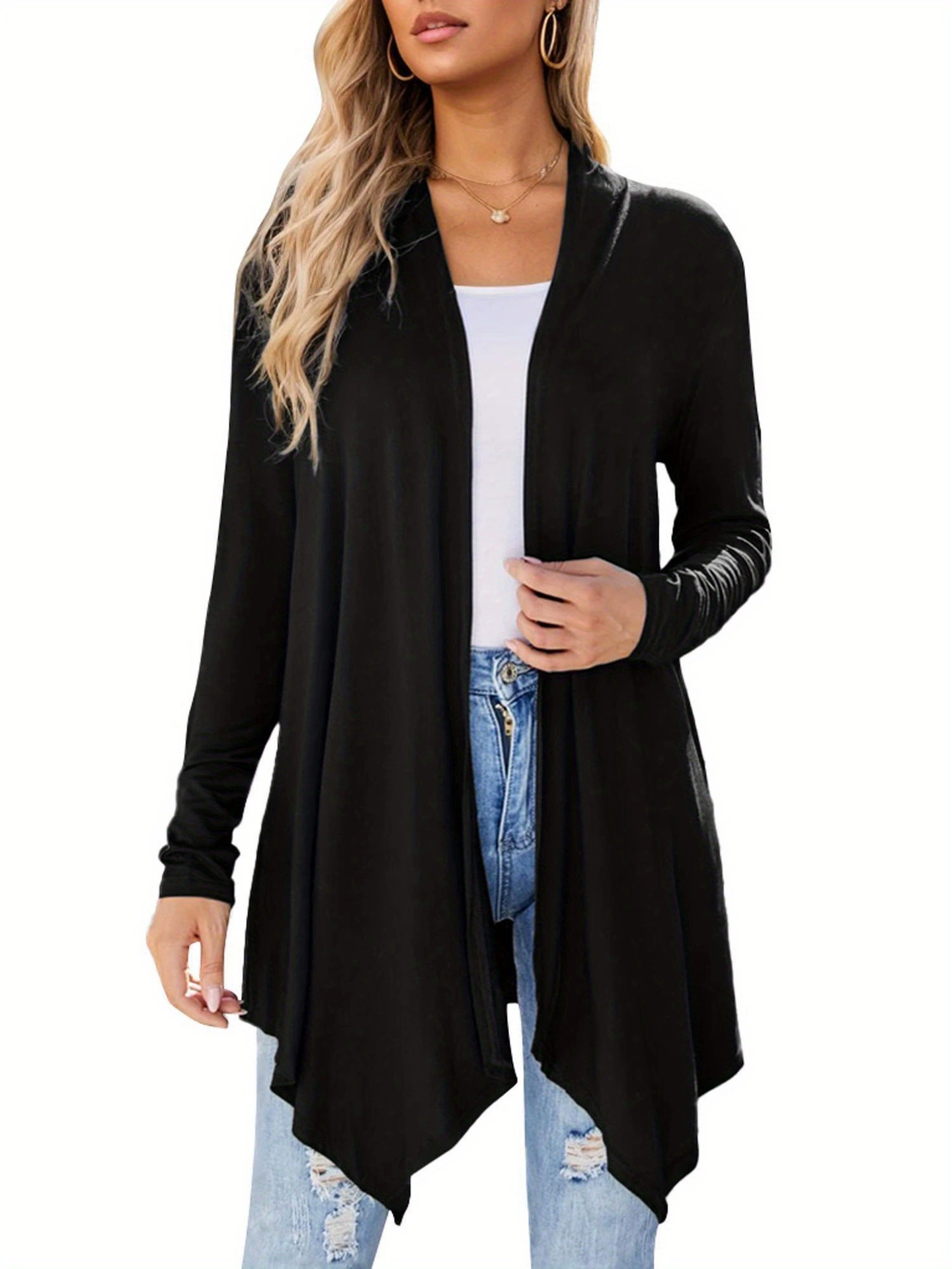 Женский повседневный однотонный вязаный кардиган с открытой передней частью, повседневный длинный
