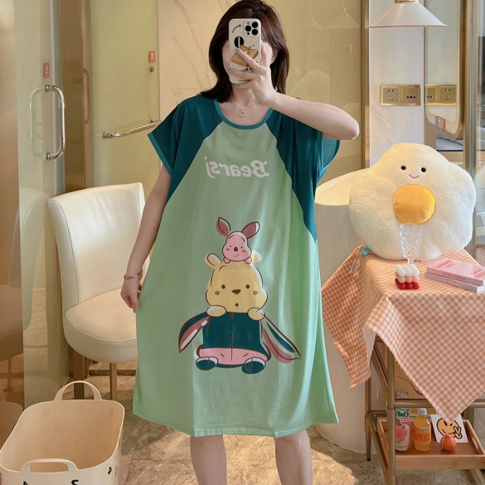 Camisón de las mujeres del verano Delgado manga corta nueva línea rojo estilo pijamas dibujos animados lindo señoras vestido flojo desgaste hogar