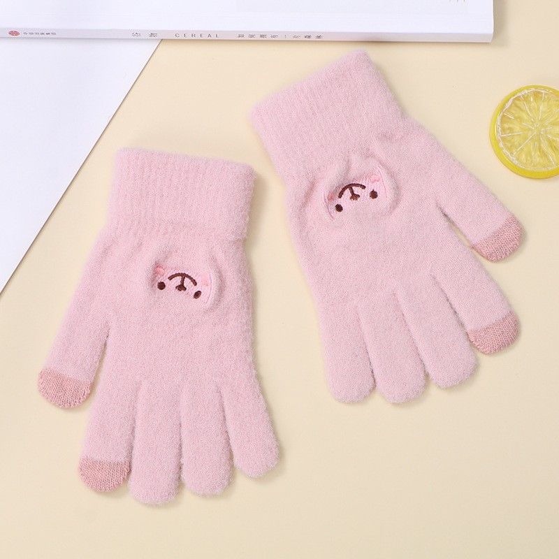 Ins風新作刺繍手袋女性可愛い漫画笑顔熊学院風保温男女ニット手袋|undefined