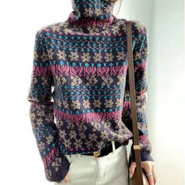 跨境秋冬季日韩新款气质优雅高领毛衣女提花修身显瘦上衣加厚针织