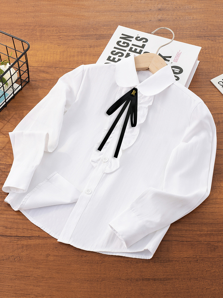Camisa blanca para niños Camisa de manga larga de primavera y otoño para niñas Escuela primaria Cuello redondo Camisa blanca para el campus